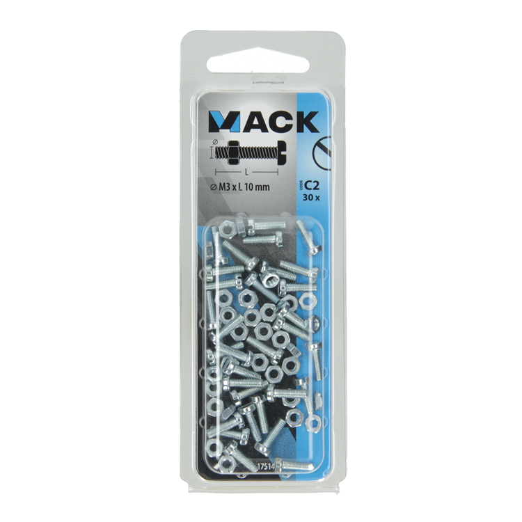 Mack 1017514 - vérin à vis métal. tête + écrou plaqué 30 pcs m3 x 10 mm | 10 pièces