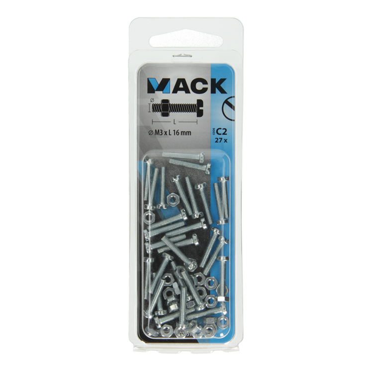 Mack 1017515 - vérin à vis métal. tête + écrou plaqué 27 pcs m3 x 16 mm | 10 pièces