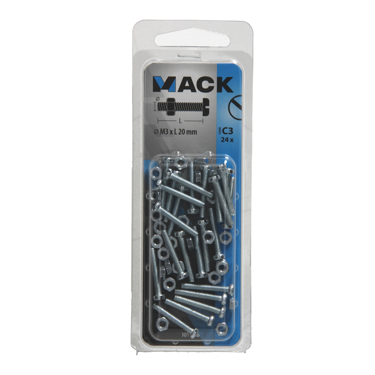 Mack 1017516 - vérin à vis métal. tête + écrou plaqué 24 pcs m3 x 20 mm | 10 pièces