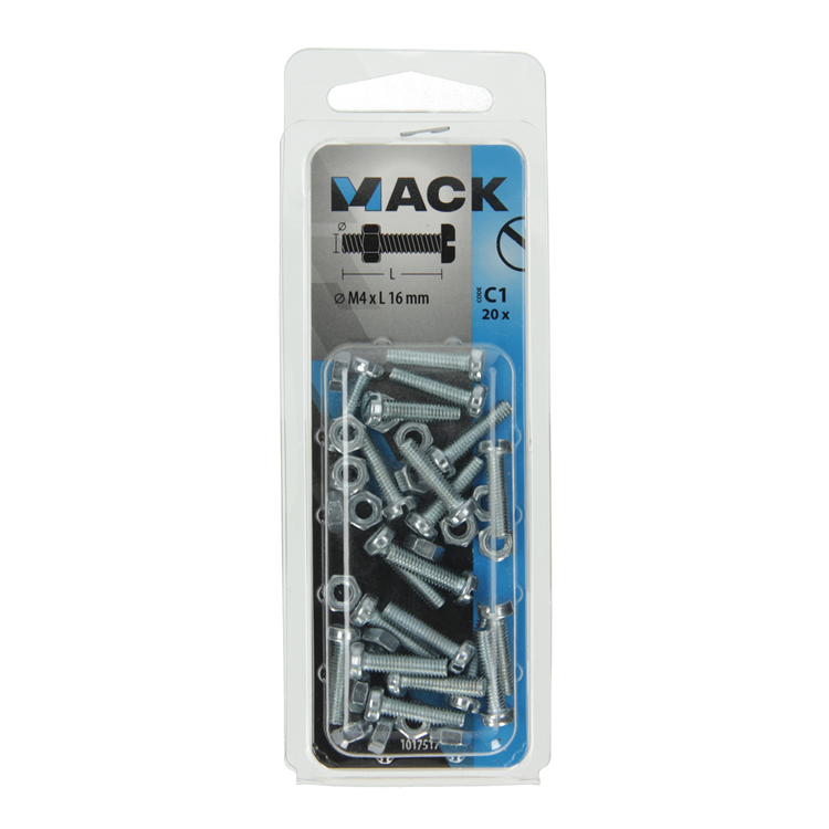 Mack 1017517 - vérin à vis métal. tête + écrou plaqué 20 pcs m4 x 16 mm | 10 pièces