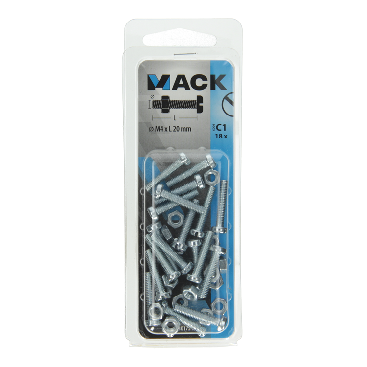 Mack 1017518 - vérin à vis métal. tête + écrou plaqué 18 pcs m4 x 20 mm | 10 pièces