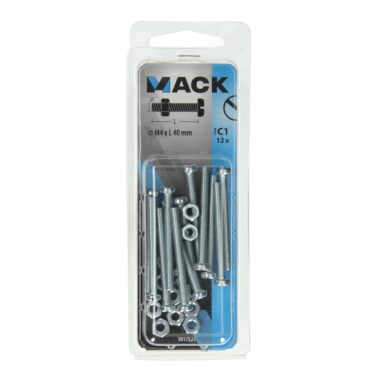 Mack 1017521 - vérin à vis métal. tête + écrou plaqué 12 pcs m4 x 40 mm | 10 pièces