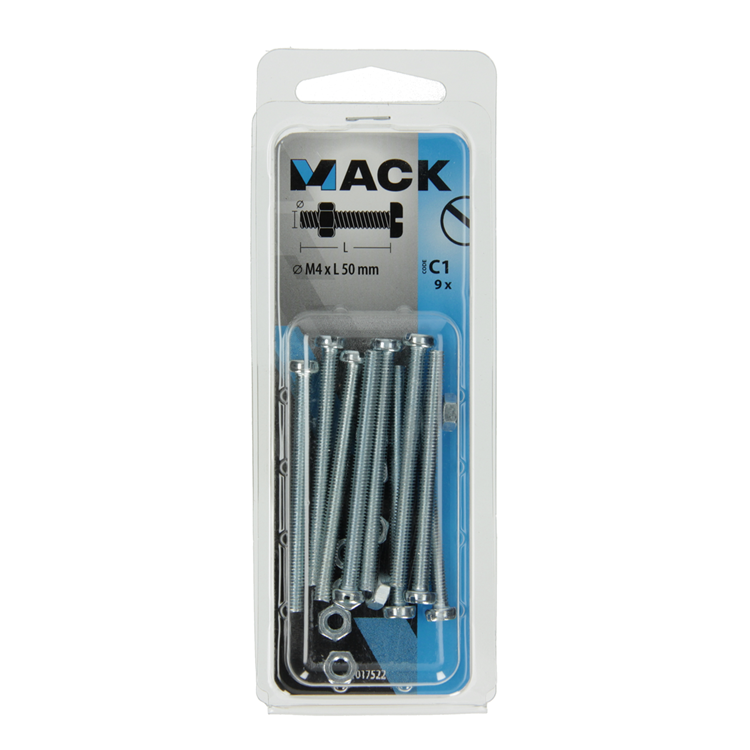 Mack 1017522 - vérin à vis métal. tête + écrou plaqué 9 pcs m4 x 50 mm | 10 pièces