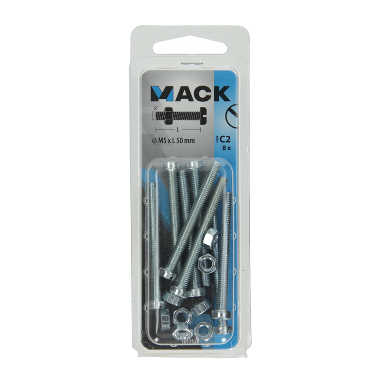 Mack 1017528 - vérin à vis métal. tête + écrou plaqué 8 pcs m5 x 50 mm | 10 pièces
