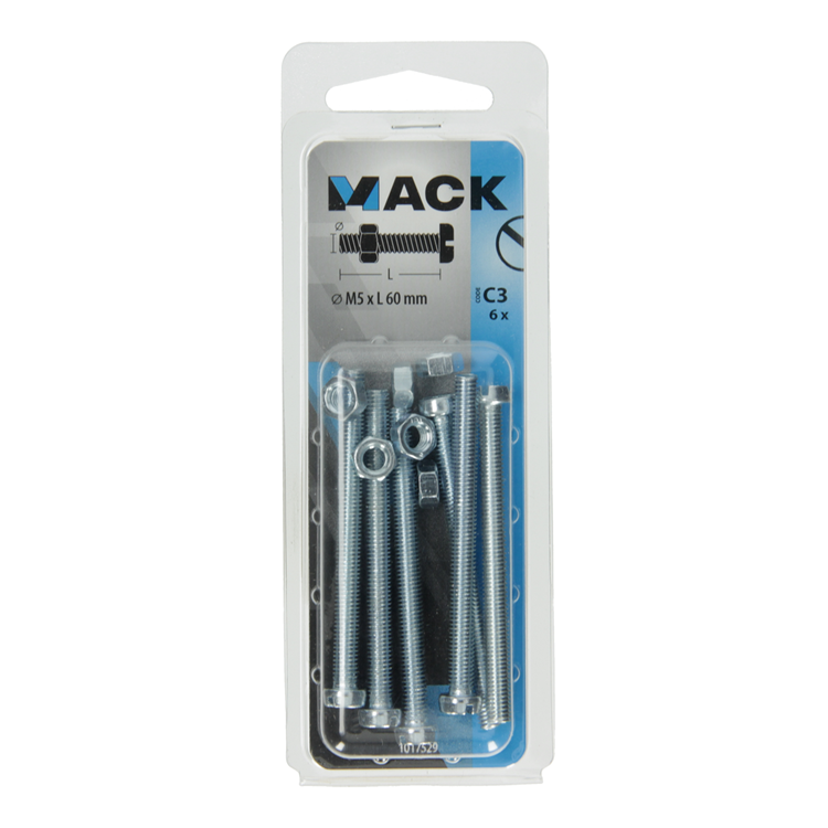 Mack 1017529 - vérin à vis métal. tête + écrou plaqué 6 pcs m5 x 60 mm | 10 pièces