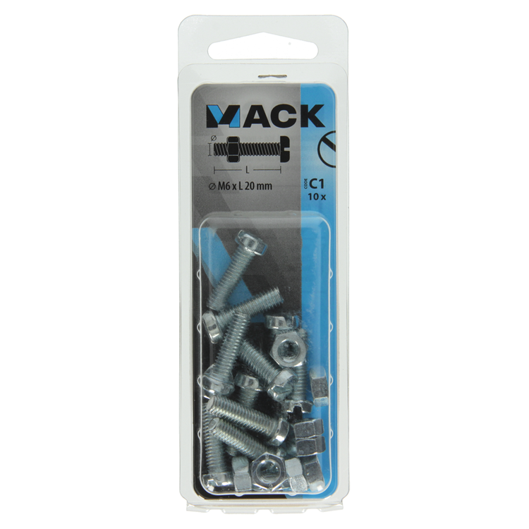 Mack 1017531 - vérin à vis métal. tête + écrou plaqué 10 pcs m6 x 20 mm | 10 pièces