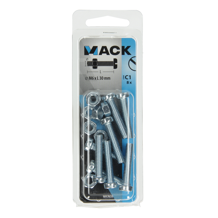 Mack 1017533 - vérin à vis métal. tête + écrou plaqué 8 pcs m6 x 30 mm | 10 pièces