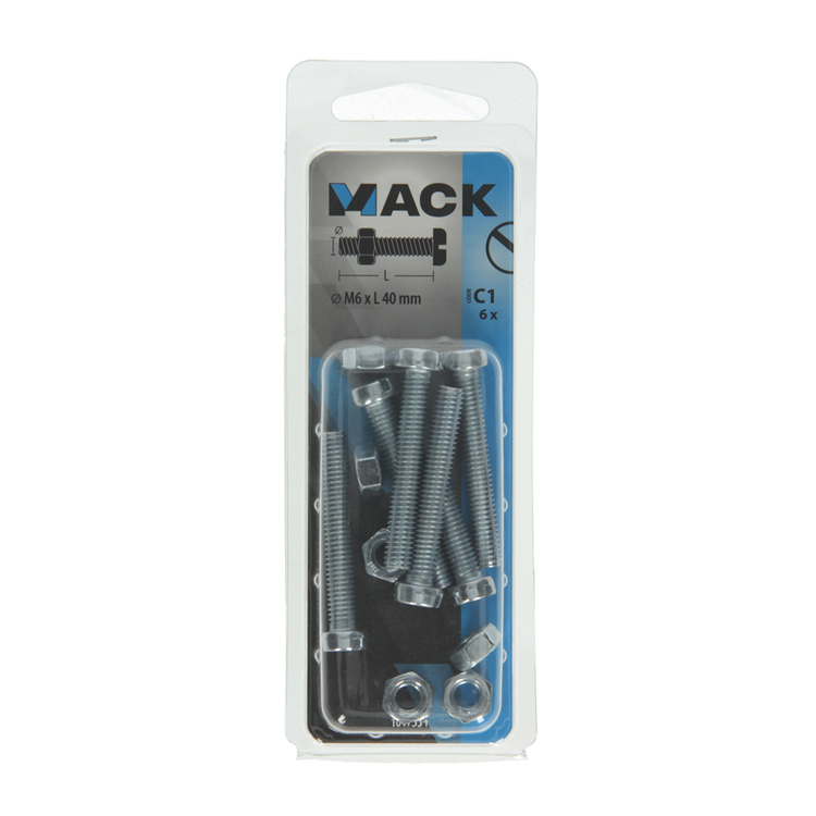 Mack 1017534 - vérin à vis métal. tête + écrou plaqué 6 pcs m6 x 40 mm | 10 pièces