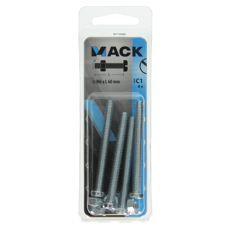 Mack 1017536 - vérin à vis métal. tête + écrou plaqué 4 pcs m6 x 60 mm | 10 pièces