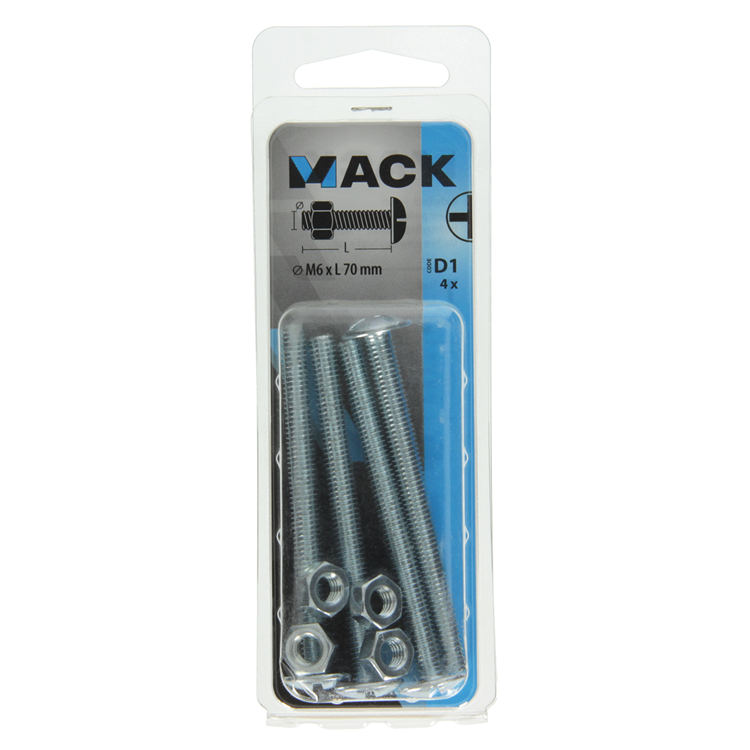 Mack 1017557 - boulon de chauffage + écrou acier galvanisé 4 pcs m6 x 70 mm | 10 pièces
