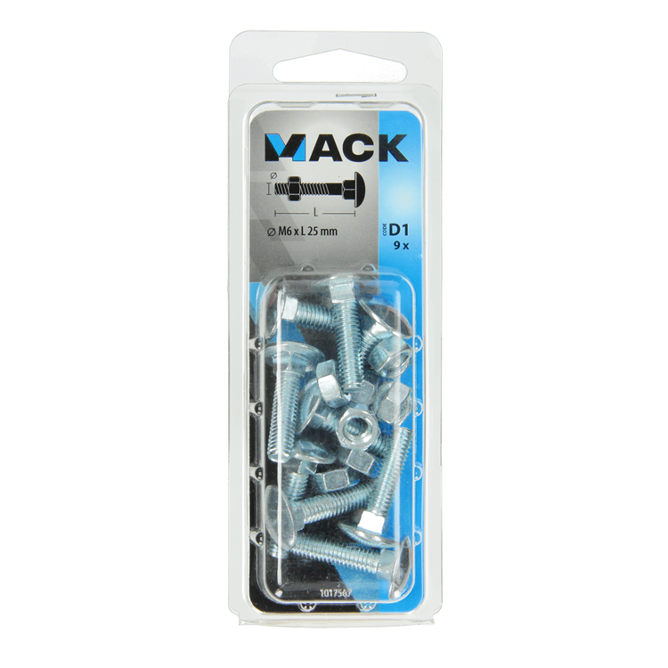 Mack 1017567 - boulon à bois + écrou en acier galvanisé 9 pcs m6 x 25 mm | 5 pièces