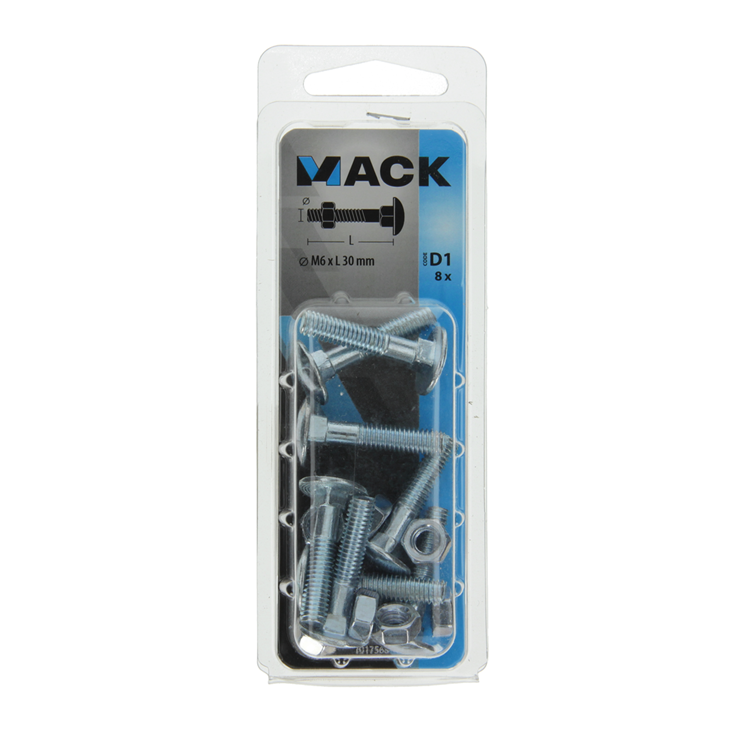 Mack 1017568 - boulon à bois + écrou en acier galvanisé 8 pcs m6 x 30 mm | 5 pièces