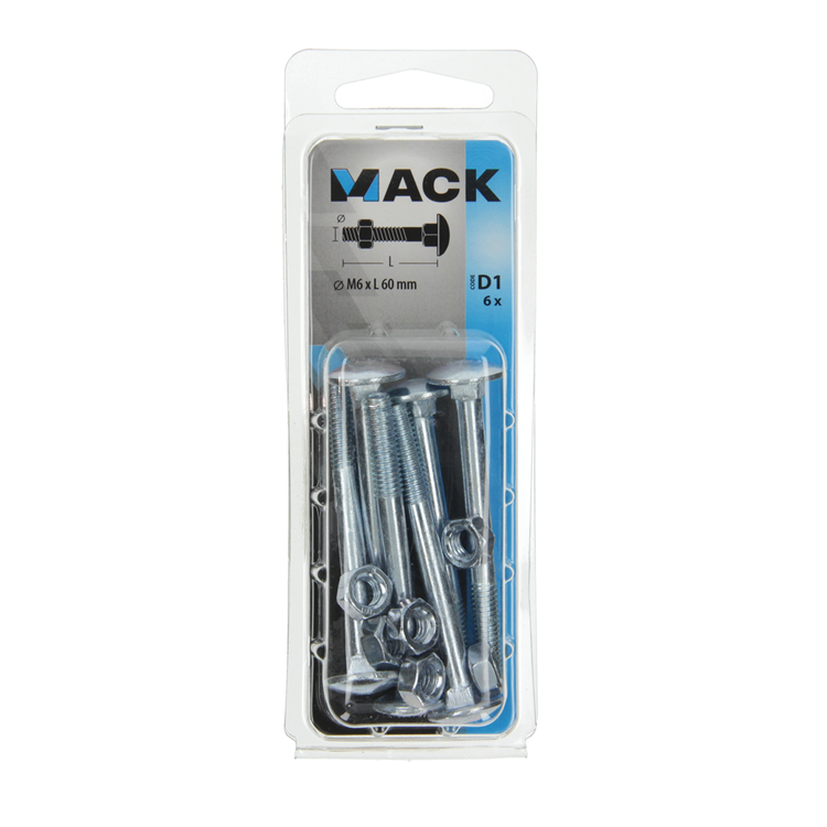 Mack 1017572 - boulon à bois + écrou en acier galvanisé 6 pcs m6 x 60 mm | 5 pièces