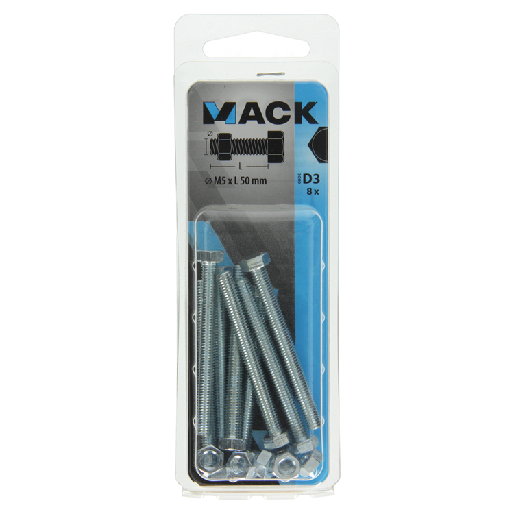 Mack 1017603 - boulon de robinet + écrou en acier galvanisé 8 pièces m5 x 50 mm | 10 pièces