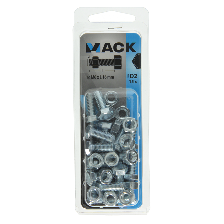 Mack 1017604 - boulon de robinet + écrou en acier galvanisé 15 pcs m6 x 16 mm | 10 pièces