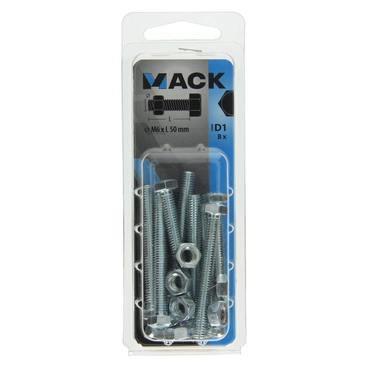 Mack 1017609 - boulon de robinet + écrou en acier galvanisé 8 pièces m6 x 50 mm | 5 pièces