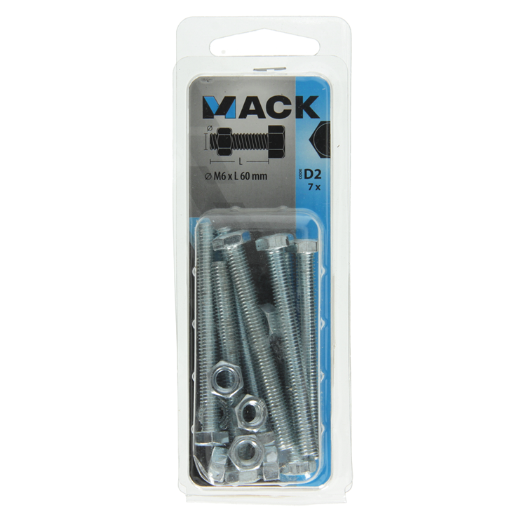 Mack 1017610 - boulon de robinet + écrou en acier galvanisé 7 pcs m6 x 60 mm | 10 pièces