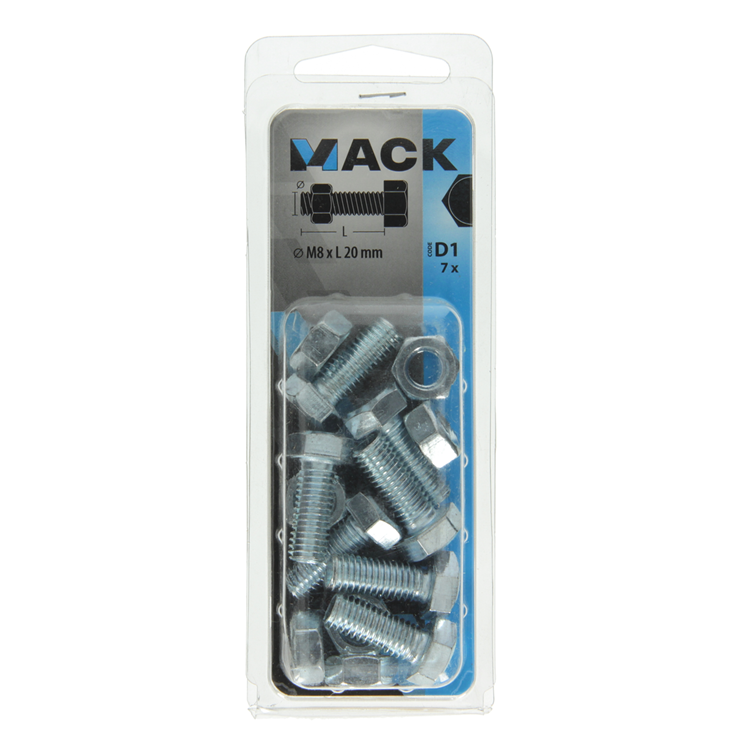 Mack 1017612 - boulon de robinet + écrou en acier galvanisé 7 pcs m8 x 20 mm | 10 pièces