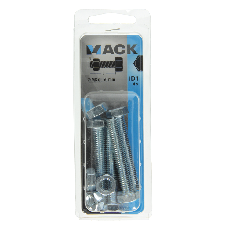 Mack 1017616 - boulon de robinet + écrou en acier galvanisé 4 pcs m8 x 50 mm | 10 pièces