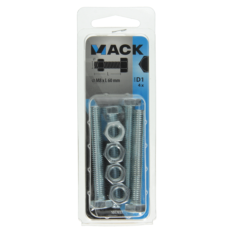 Mack 1017617 - boulon de robinet + écrou en acier galvanisé 4 pcs m8 x 60 mm | 10 pièces