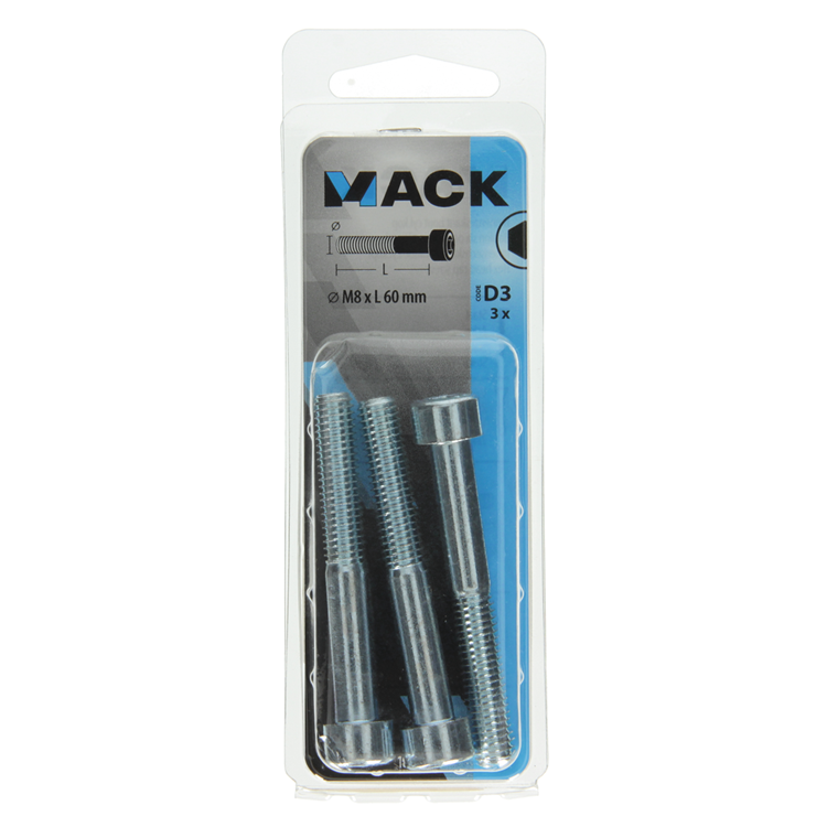 Mack 1017655 - boulon à six pans creux cyl. tête plaquée. 3 pièces m8 x 60 mm | 10 pièces
