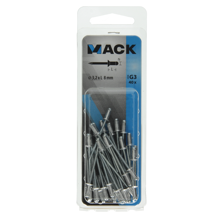 Mack 1020294 - 40 agrafes aveugles aluminium 3,2x8mm | 10 pièces