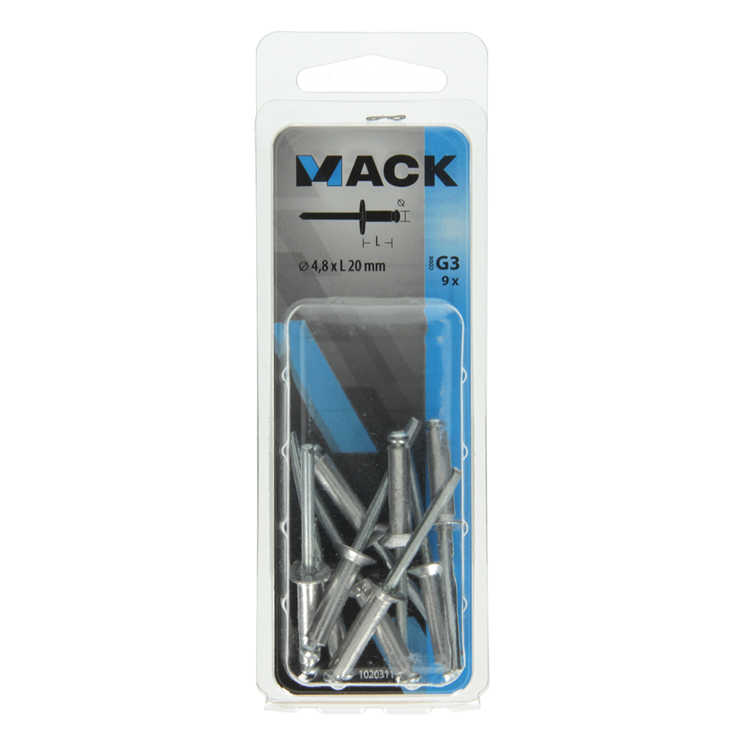 Mack 1020311 - 9 agrafes aveugles aluminium tête large 4,8x20mm | 5 pièces