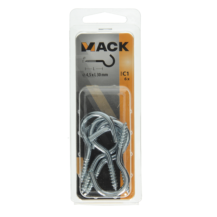 Mack 1017800 - crochet à vis acier galvanisé 6 pcs 4,5 x 30 mm | 10 pièces
