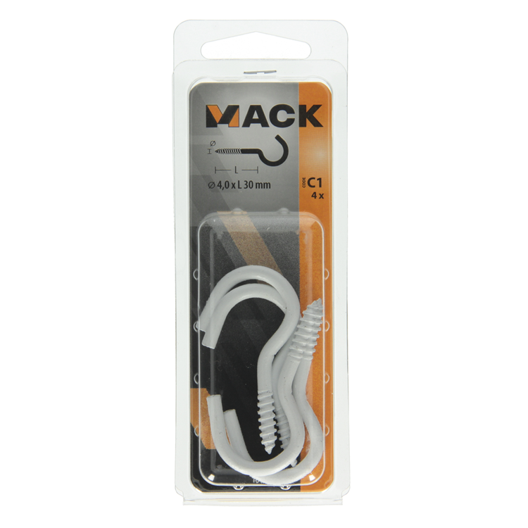 Mack 1017808 - crochet à vis acier blanc 4 pcs 4,0 x 30 mm | 10 pièces