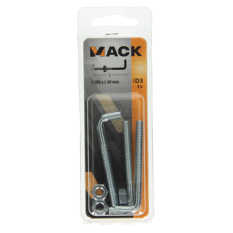 Mack 1017836 - vis pouces métrique + écrou acier 3 pcs m6 x 60 mm | 10 pièces