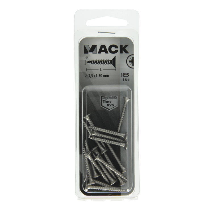 Mack 1019735 - vis pour panneaux d'aggloméré tête VZ acier inoxydable 16 pcs 3,5 x 30 mm | 10 pièces