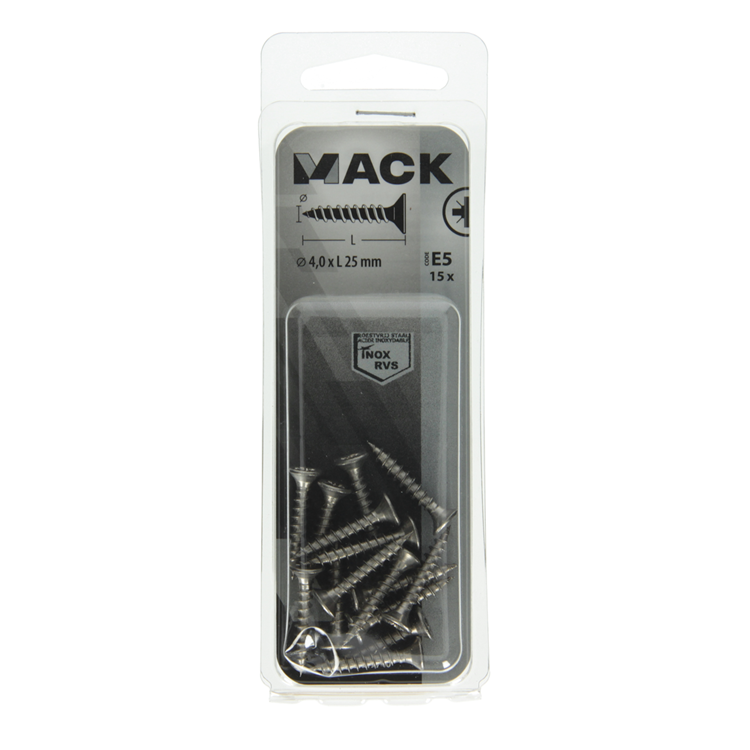 Mack 1019740 - vis pour panneaux d'aggloméré tête VZ acier inoxydable 15 pièces 4,0 x 25 mm | 10 pièces