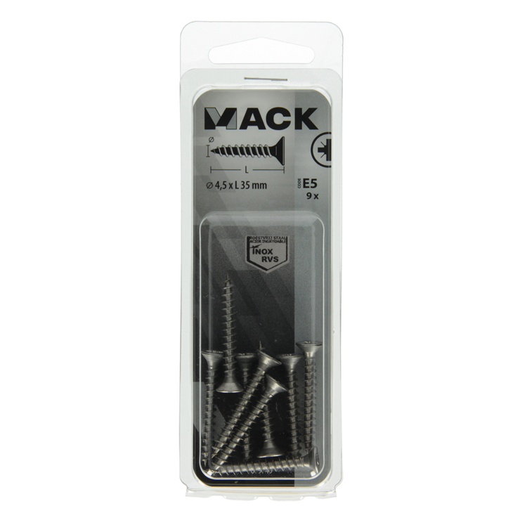 Mack 1019749 - vis pour panneaux d'aggloméré tête VZ acier inoxydable 9 pcs 4,5 x 35 mm | 10 pièces