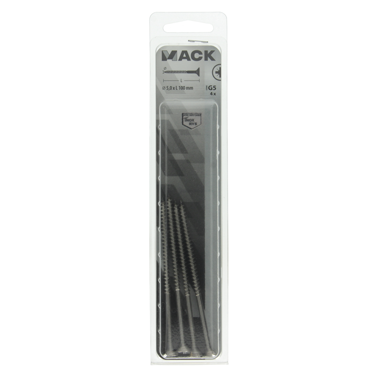 Mack 1019759 - vis pour panneaux d'aggloméré tête VZ acier inoxydable 4 pcs 5,0 x100 mm | 5 pièces