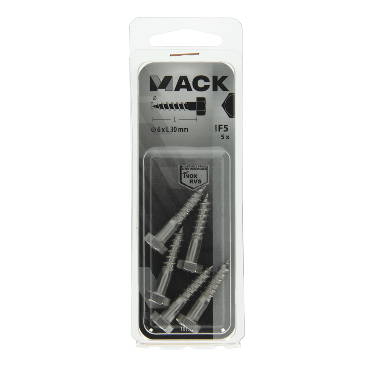 Mack 1019763 - boulon fileté à bois en acier inoxydable 5 pièces 6 x 30 mm | 10 pièces