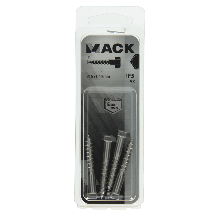 Mack 1019764 - boulon fileté à bois en acier inoxydable 4 pcs 6 x 40 mm | 10 pièces