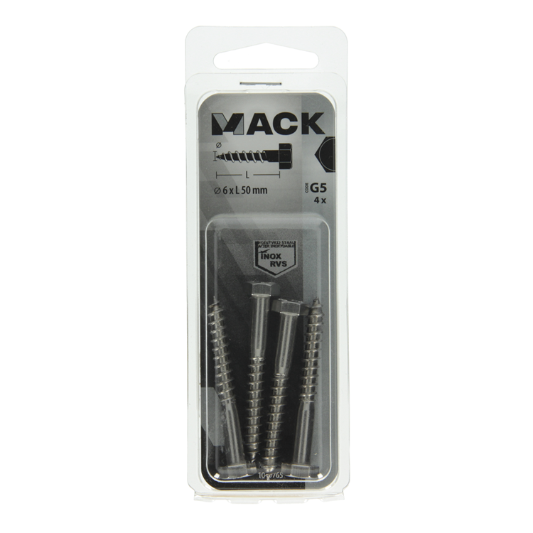 Mack 1019765 - boulon fileté à bois en acier inoxydable 4 pièces 6 x 50 mm | 10 pièces