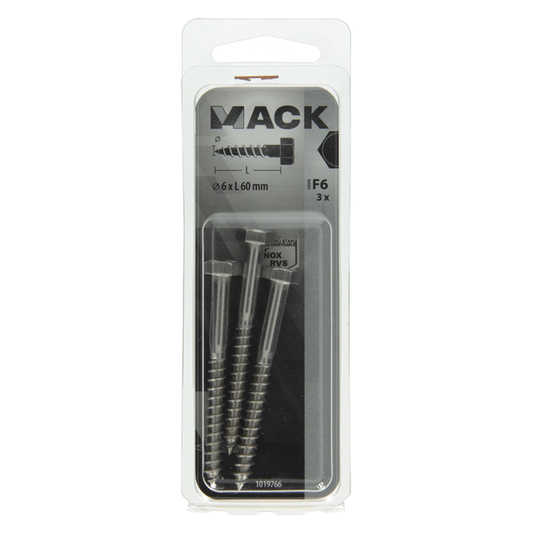 Mack 1019766 - wood thread bolt stainless steel 3 pcs 6 x 60 mm | 10 pièces
