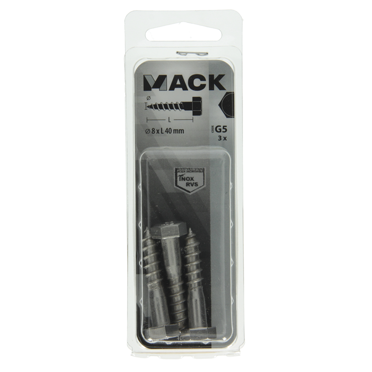 Mack 1019767 - wood thread bolt stainless steel 3 pcs 8 x 40 mm | 10 pièces