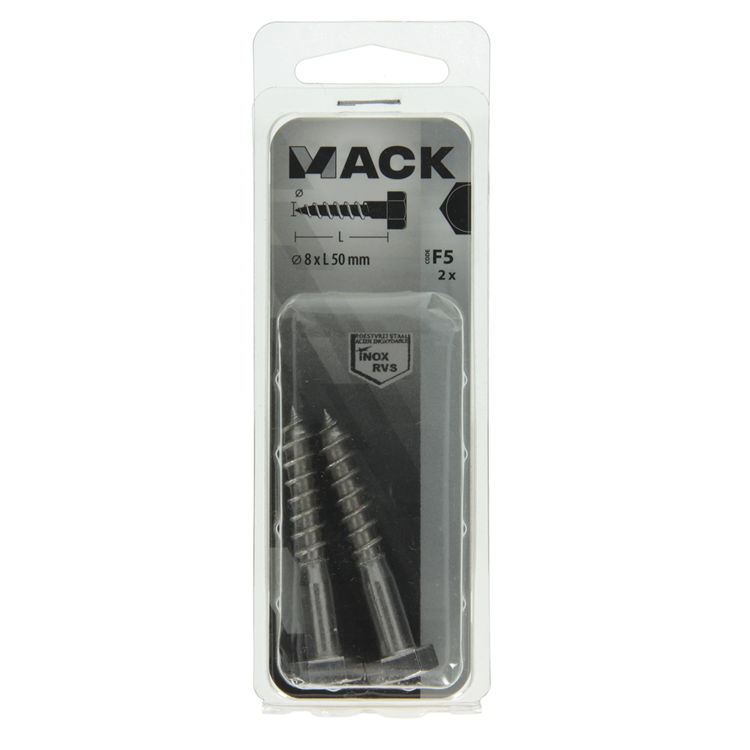 Mack 1019768 - boulon fileté à bois en acier inoxydable 2 pcs 8 x 50 mm | 10 pièces