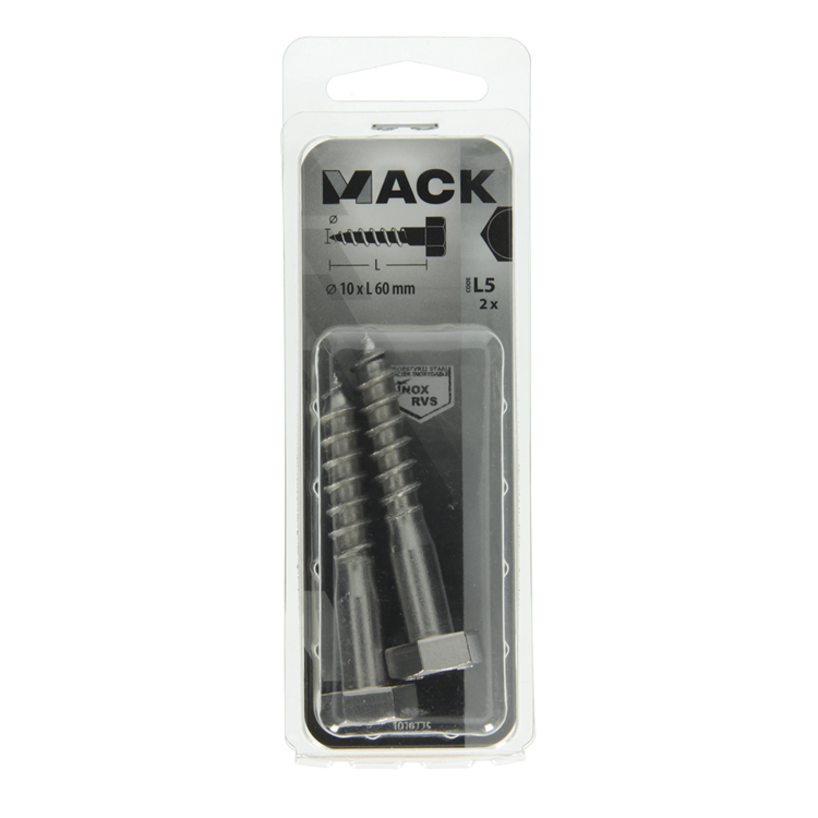 Mack 1019775 - boulon fileté à bois acier inoxydable 2pcs 10 x 60 mm | 10 pièces