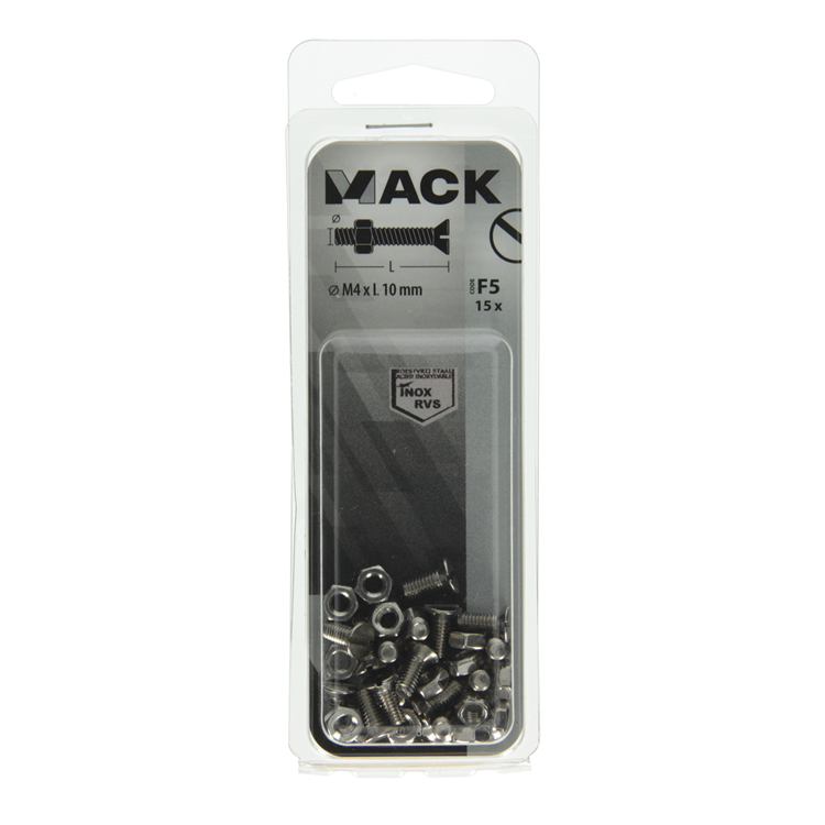 Mack 1019804 - vis à métal galvanisée. tête + écrou inox 15 pcs m4x10 | 10 pièces