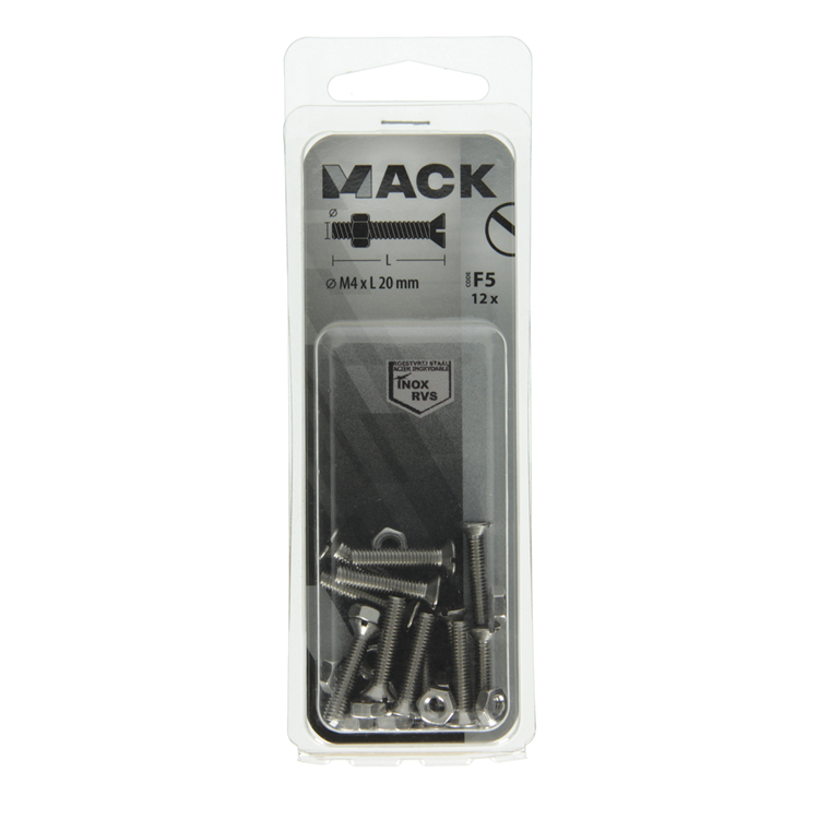 Mack 1019806 - vis à métal galvanisée. tête + écrou inox 12 pcs m4x20 | 10 pièces