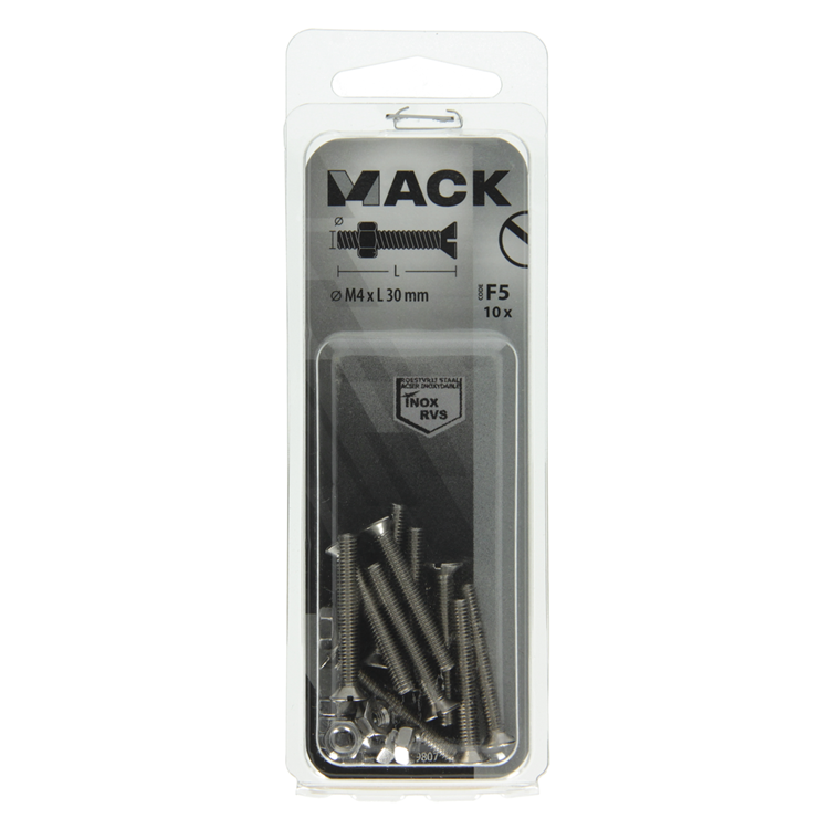 Mack 1019807 - vis à métal galvanisée. tête + écrou inox 10 pcs m4x30 | 10 pièces