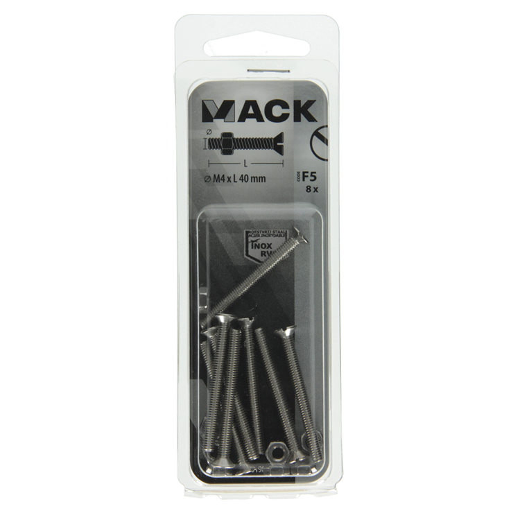 Mack 1019808 - vis à métal galvanisée. tête + écrou inox 8 pcs m4x40 | 10 pièces