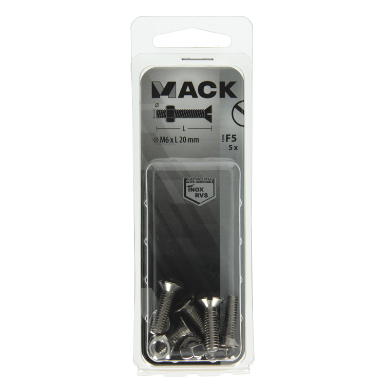 Mack 1019814 - vis à métal galvanisée. tête + écrou inox 5 pcs m6x20 | 10 pièces