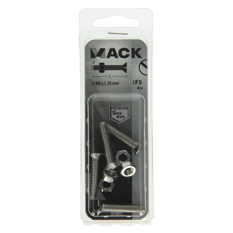 Mack 1019815 - vis à métal galvanisée. tête + écrou inox 4 pcs m6x30 | 10 pièces