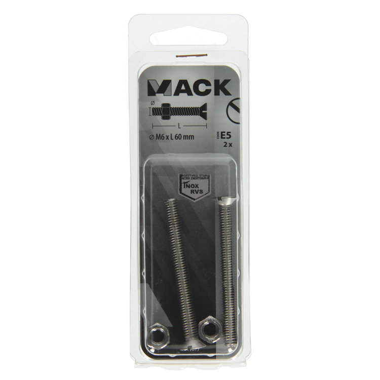 Mack 1019817 - vis à métal galvanisée. tête + écrou inox 2 pcs m6x60 | 10 pièces