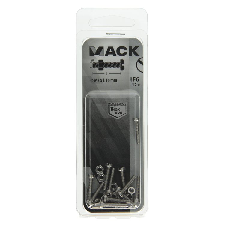Mack 1019818 - vérin à vis métal. tête + écrou inox 12 pcs m3x16 | 10 pièces