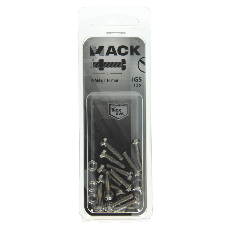 Mack 1019819 - vérin à vis métal. tête + écrou inox 12 pcs m4x16 | 10 pièces